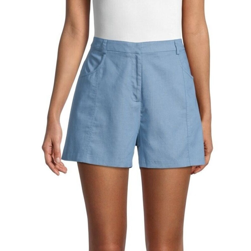 BCBGMAXAZRIA Size 10 High-Waist Chambray Shorts Blue Flat Front 100% Cotton NWT